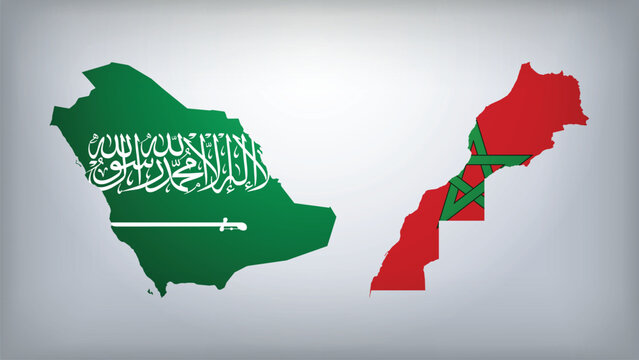 Saudi Arabia and Morocco Map Flags Vector Illustration, Saudi Arabia and Morocco Country Shapes Design