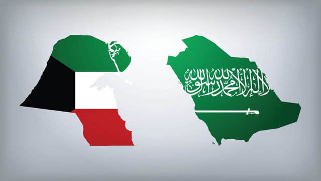 Saudi Arabia and Kuwait Map Flags Vector Illustration, Saudi Arabia and Kuwait Country Shapes Design