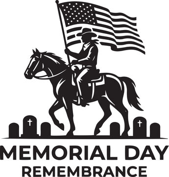 Cowboy riding a horse while carrying an american flag past military gravestones for a solemn memorial day holiday tribute illustration