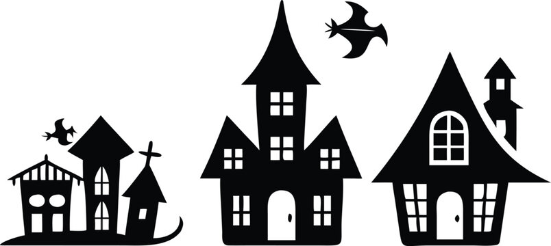 Black silhouette haunted houses with flying bats on a white background for Halloween.