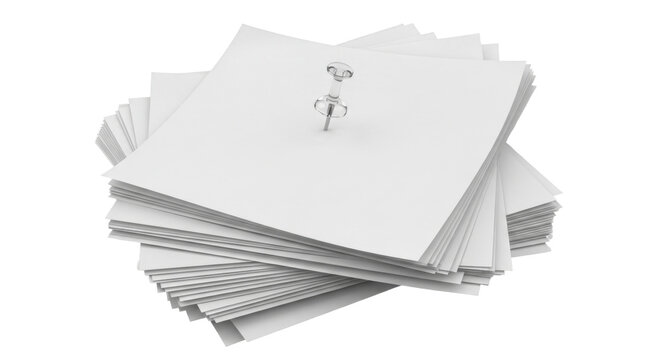 Stack of blank white square paper notes pinned together with clear pushpin isolated on transparent background, concept of office document organization and task management
