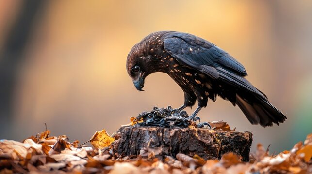 A crow pecks at food on a tree stump in an autumn forest.