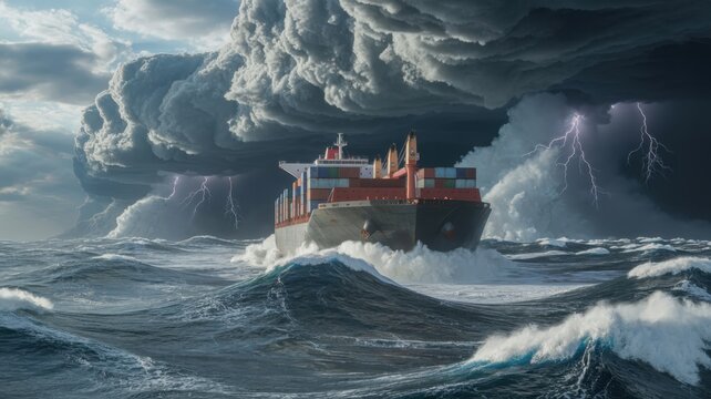 Massive container ship navigates turbulent ocean waves during a dramatic thunderstorm with lightning strikes