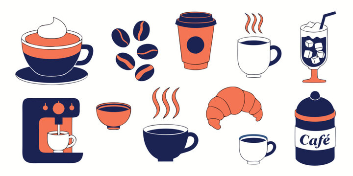 Assorted coffee elements and drinks flat vector graphic set.