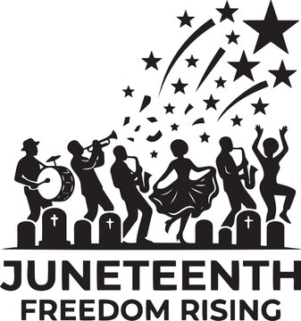 Festive juneteenth illustration featuring a musical band performing alongside joyous dancing figures to celebrate freedom and heritage for black history