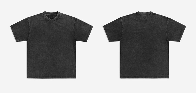 Blank black acid wash t-shirt mockup, front and back views.