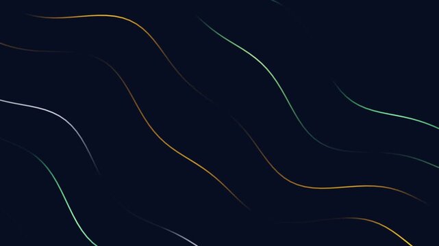 Vibrant multicolored wavy lines intersect on a dark background
