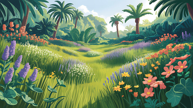 Evergreen flowers and grass field in nature, Flowres on garden in springtime, Tropical forest isolated on transparent background - PNG file, 3D rendering illustration for create and design or etc