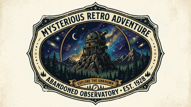 Retro observatory illustration night sky mountains and vintage design