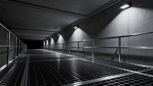 Long metal walkway with railings and lights