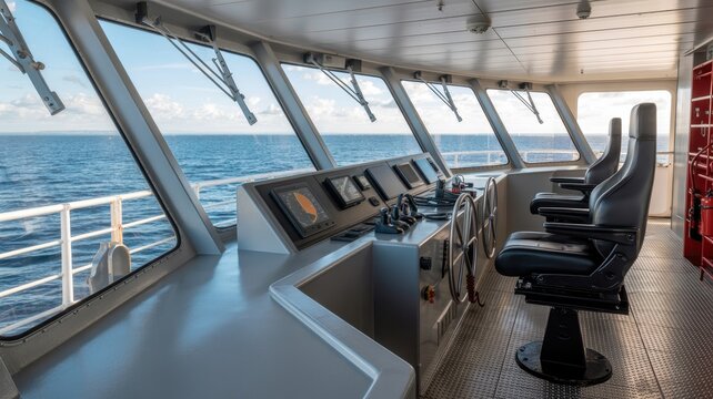 Ship's bridge with panoramic ocean view, navigation equipment, and captain's chairs, ready for voyage
