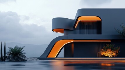 Fototapeta premium Futuristic Modern Architecture Building with Orange Accents and Water Reflection.