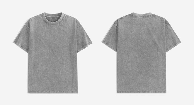 Blank grey stone-washed t-shirt with front and back views on a clean white background, perfect for mockups.