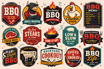 Naklejka premium A Collection of Barbecue and Grill Themed Emblematic Illustrations for Culinary Enthusiasts and Event Promotion