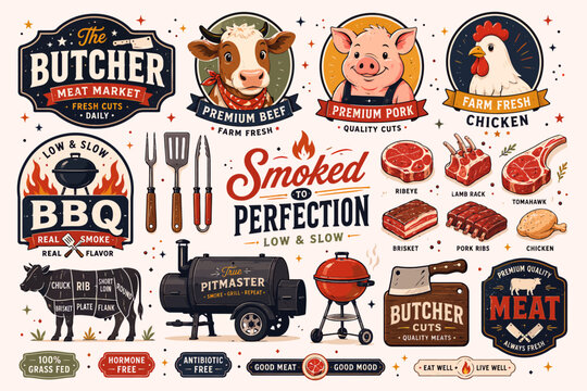 A vintage collection of meat and barbecue illustrations, featuring butcher shop signage, cuts of meat, and grilling equipment