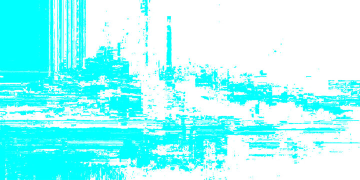 Glitchy distorted digital screen with blue lines and pixels on white background