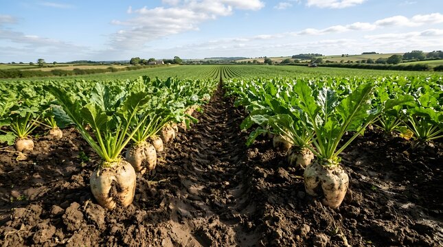 Wide perspective of sugar beet crops growing in long neat rows across a vast agricultural field. Concept of industrial farming, organic root cultivation, and seasonal vegetable harvesting