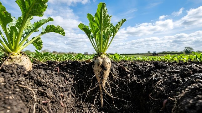 Close up of fresh sugar beets growing out of dark fertile ground under a blue sky. Ideal background for agricultural business, sustainable farming, vegetable harvest, and autumn crop