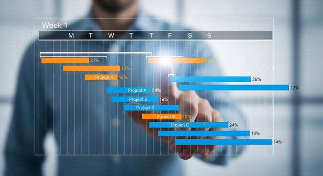 Businessman interacting with a futuristic digital Gantt chart for project management and scheduling timeline interface