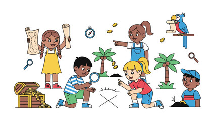 Treasure Hunt Adventure: A group of excited children embarks on a thrilling treasure hunt, using maps, compasses, and magnifying glasses to uncover hidden riches, sparking imagination and adventure.