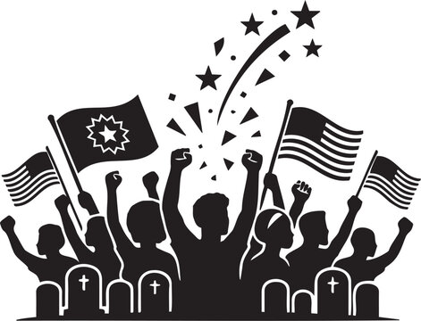 Diverse group of people celebrating juneteenth with american flags and raised fists in a powerful black and white vector illustration