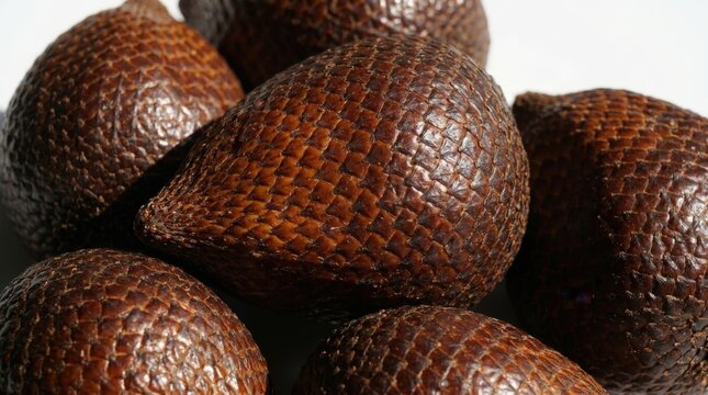 A close up view of fresh exotic snake fruit or salak exhibiting a deep dark brown scaly texture in a cinematic widescreen composition, showcasing unique tropical produce for culinary photography.