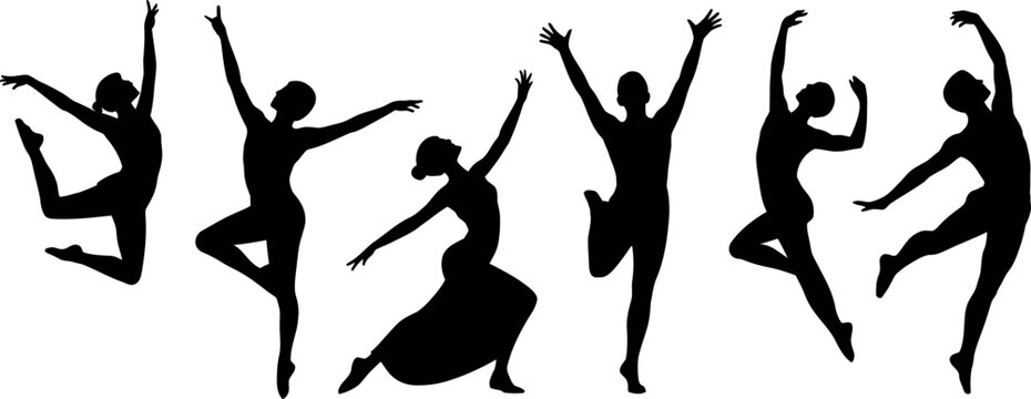 Diverse group of six dancers performing graceful ballet poses in silhouette against a white background