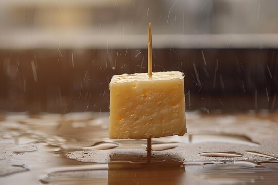 Cubic piece of cheese impaled on a toothpick under studio rain effect