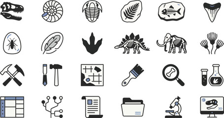 Paleontology icons set fossils dinosaurs and scientific tools on white © LightFrame