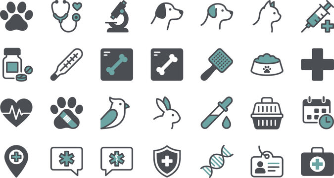 veterinary icons set flat design with medical and animal symbols