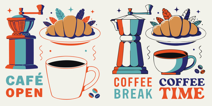 Cafe open sign with coffee break time illustration and croissants.
