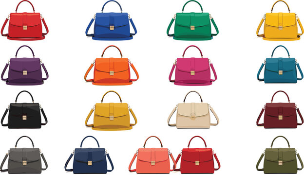Collection of luxury classic leather handbags in various vibrant colors mockups elegant fashion female shoulder bags set isolated on white background vector illustration graphic design template