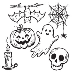 Obraz premium Halloween hand drawn doodle set featuring pumpkin ghost skull bat spider web and candle vector illustrations for holiday design