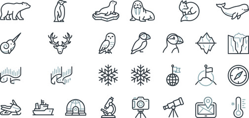 arctic animal and weather icons set line drawing style on white background © LightFrame