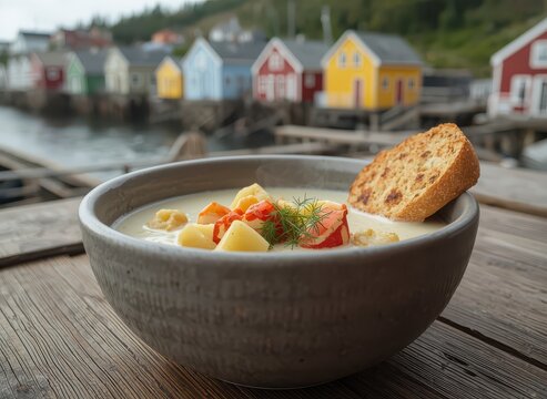 Authentic Atlantic seafood chowder bowl with toasted bread, served on a rustic wooden table with a colorful coastal fishing village background.