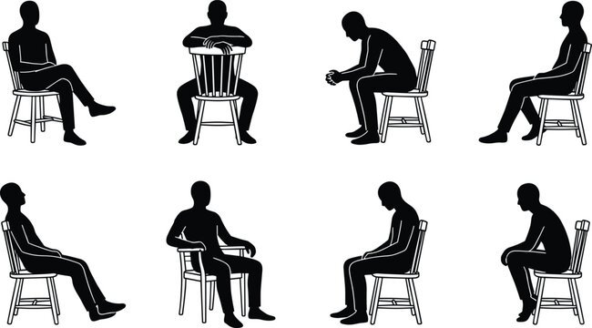 Collection of detailed black male silhouettes sitting on classic wooden chairs in various relaxed and thoughtful poses, isolated on white background for graphic design