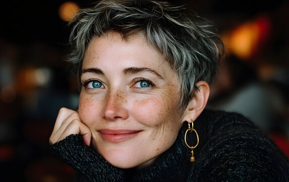 Attractive middle-aged woman resting her chin on her hands, featuring silver hair, freckles, and blue eyes.