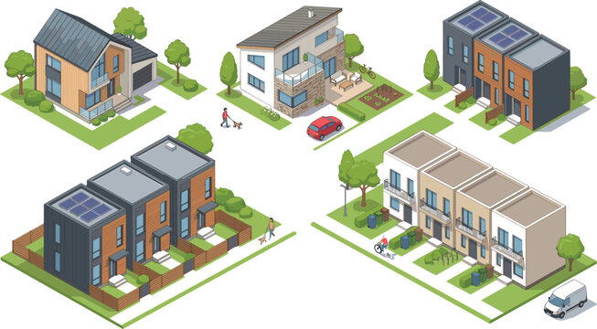 Collection of modern isometric residential houses townhouses and contemporary suburban apartments with green lawns and solar panels isolated on a white background