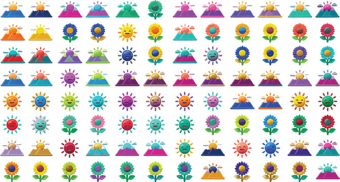 Comprehensive weather forecast vector icon set featuring diverse cartoon sun characters smiling faces sunflowers and mountain sunsets isolated on plain white background