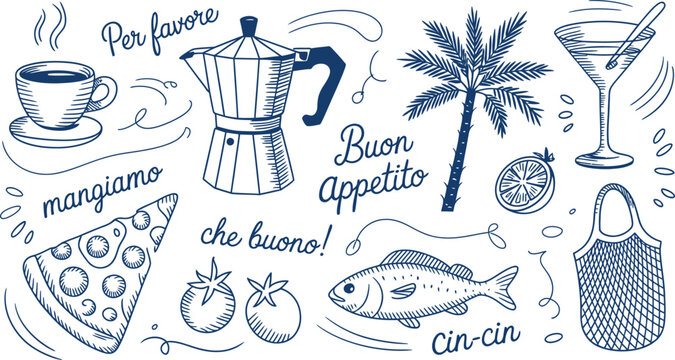 Hand Drawn italian food and lifestyle elements pattern