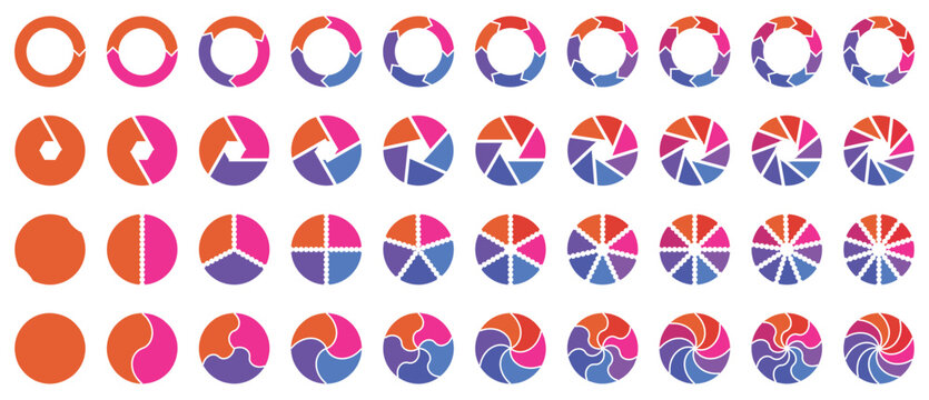 Pie chart color icons. Segment slice sign. Circle section graph. Set of colorful pie charts. Colorful pie charts with varying segments. 1,2,3,4,5,6,7,8,9,10 sections or steps. Flat process cycle.