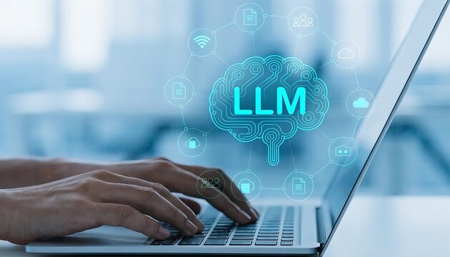 Engineer hand typing on laptop computer keyboard with digital hologram LLM or large language model AI data automation technology network system