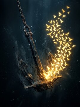 Heavy black anchor dissolving into glowing golden doves, representing letting go of the past and mental liberation.