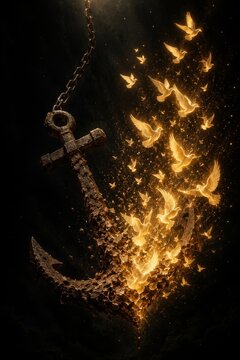 Heavy black anchor dissolving into glowing golden doves, representing letting go of the past and mental liberation.