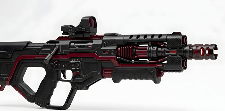 Futuristic sci-fi plasma assault rifle with red dot scope, cyberpunk tactical laser weapon isolated on white background