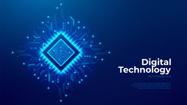 Central processor unit concept. Glowing semiconductor chip on motherboard with circuit lines. Futuristic tech visual. Computing and hardware concept. Vector illustration.