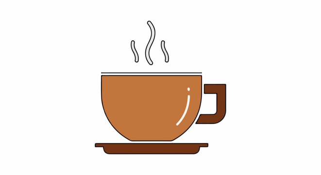Brown cup of steaming beverage on a saucer, simple illustration