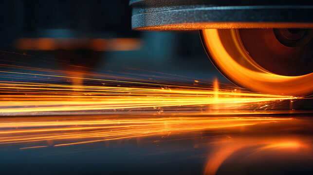 A worker operates a grinding machine in a workshop at night. Sparks are flying as the machine grinds metal. The area is well-lit and busy