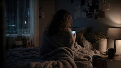 Fototapeta premium Tired and weary woman sitting alone in dark room looking at her phone suffering from mental health issues and stress