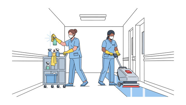 Cleaning Corridor: Two uniformed individuals wear masks and gloves as they clean a bright corridor, one sprays a cleaner, and the other uses a floor buffer.